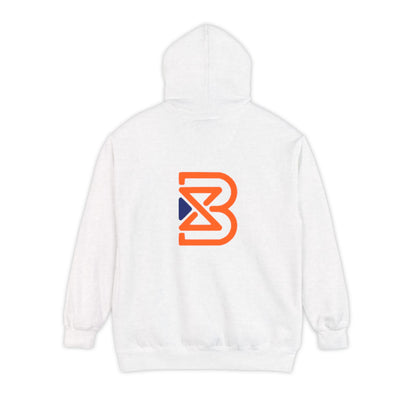 Blend Logo Hoodie — Minimal White Pullover with Orange & Navy Brand Mark