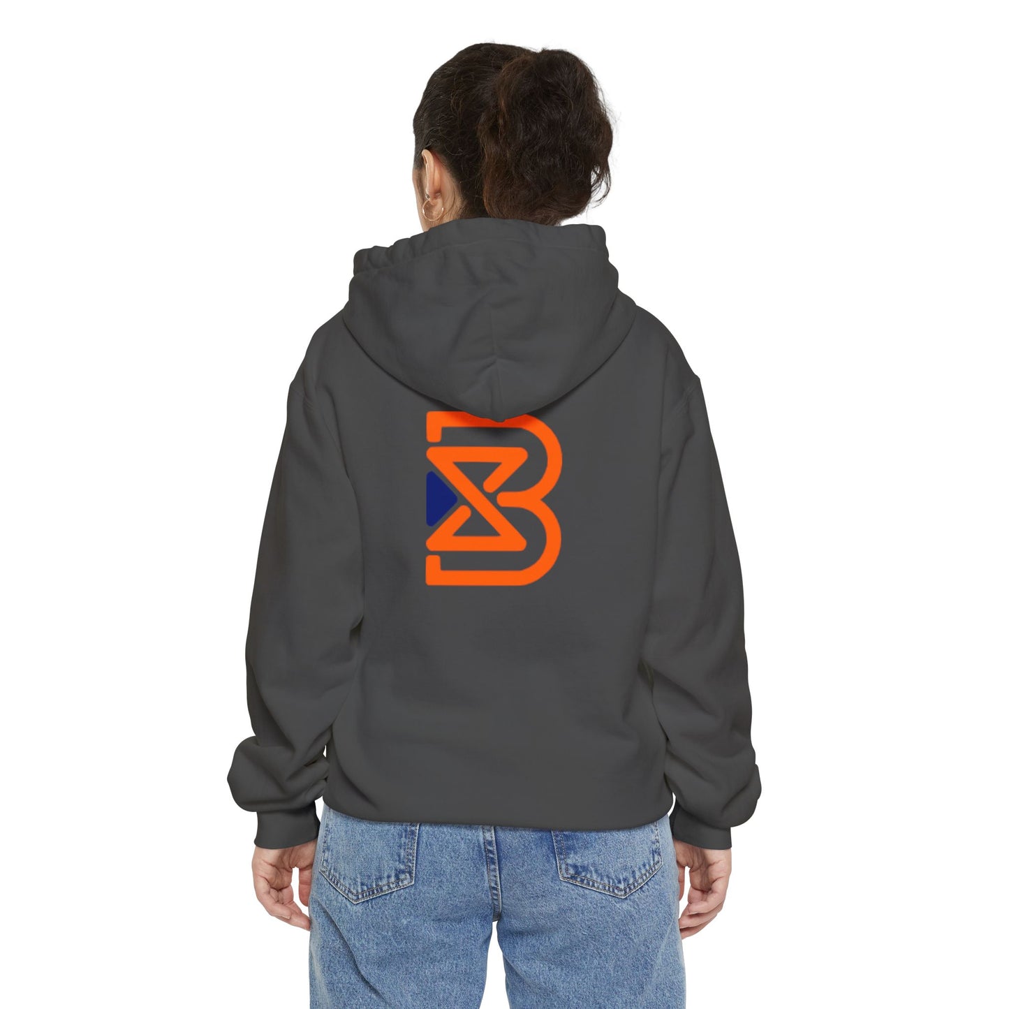 Blend Logo Hoodie — Minimal White Pullover with Orange & Navy Brand Mark