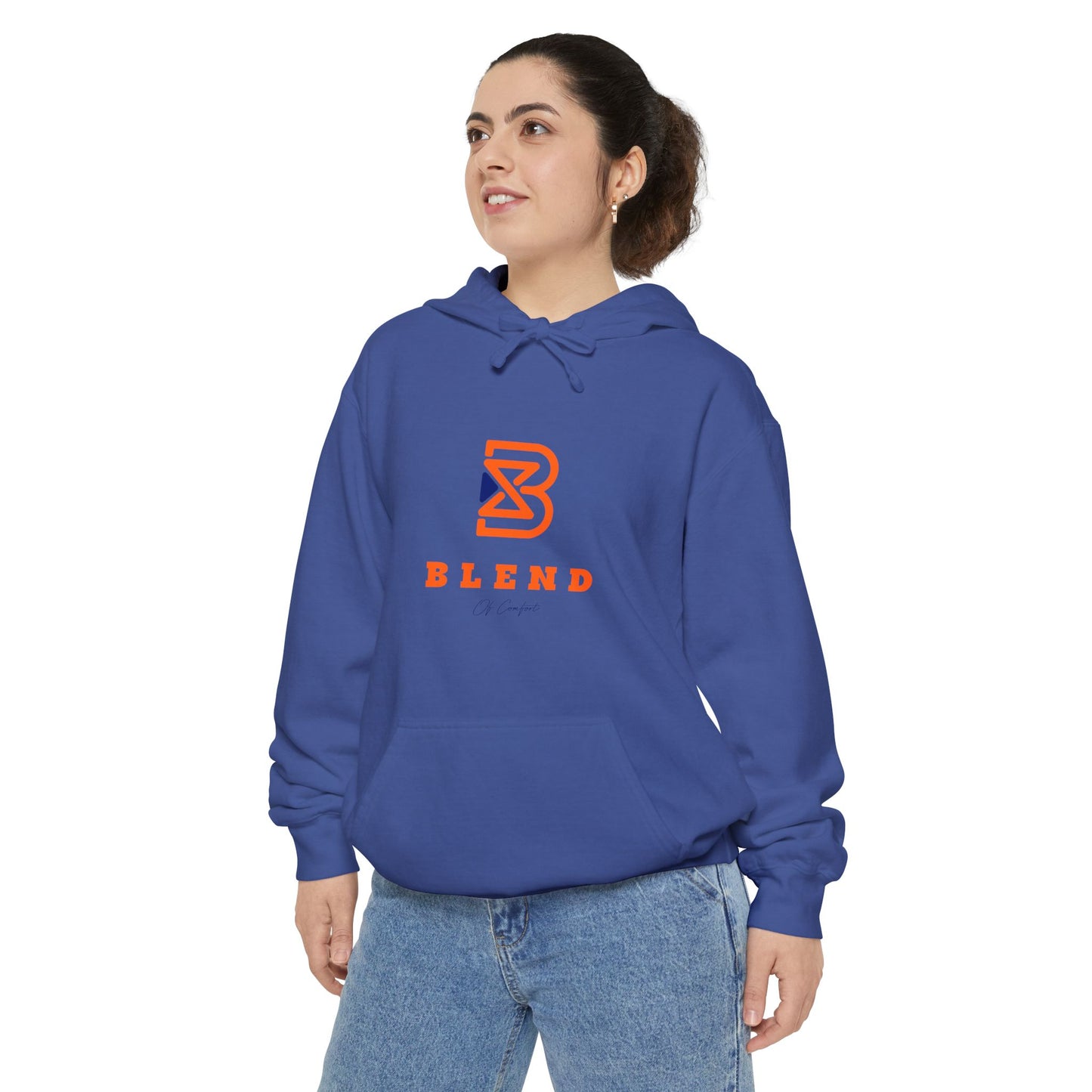 Blend Logo Hoodie — Minimal White Pullover with Orange & Navy Brand Mark