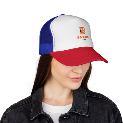 Patriotic Red-Blue Trucker Cap with 'Blend' Logo — Retro Mesh Snapback