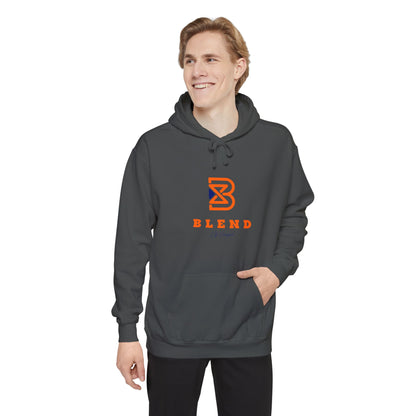 Blend Logo Hoodie — Minimal White Pullover with Orange & Navy Brand Mark