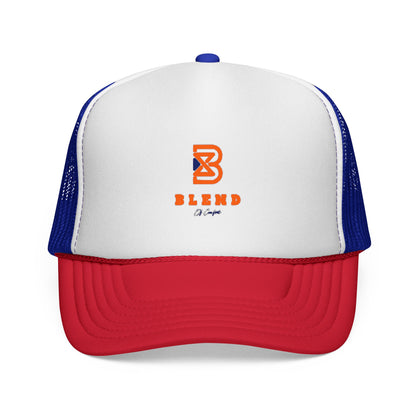 Patriotic Red-Blue Trucker Cap with 'Blend' Logo — Retro Mesh Snapback