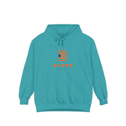 Blend Logo Hoodie — Minimal White Pullover with Orange & Navy Brand Mark