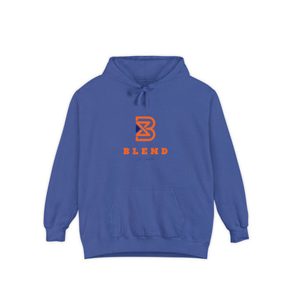 Blend Logo Hoodie — Minimal White Pullover with Orange & Navy Brand Mark