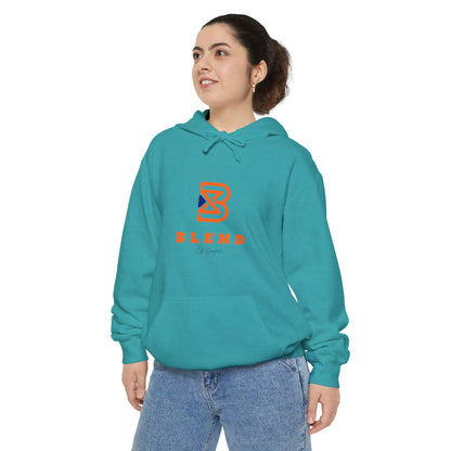 Blend Logo Hoodie — Minimal White Pullover with Orange & Navy Brand Mark