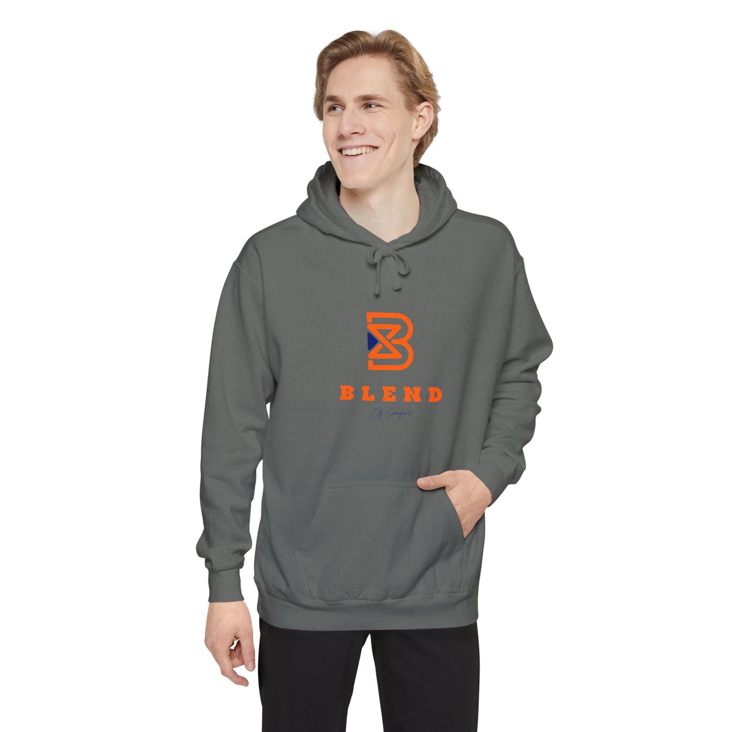 Blend Logo Hoodie — Minimal White Pullover with Orange & Navy Brand Mark
