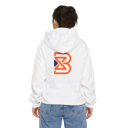 Blend Logo Hoodie — Minimal White Pullover with Orange & Navy Brand Mark