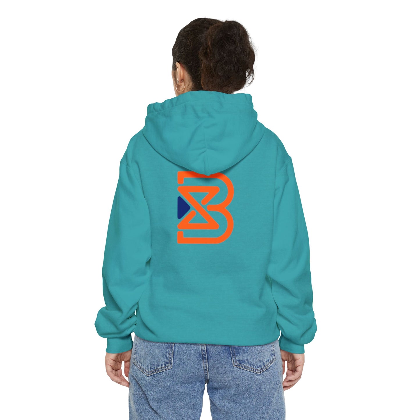 Blend Logo Hoodie — Minimal White Pullover with Orange & Navy Brand Mark