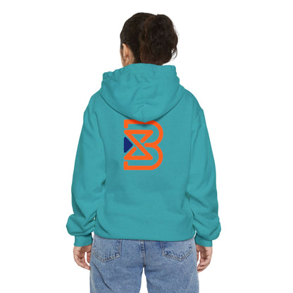 Blend Logo Hoodie — Minimal White Pullover with Orange & Navy Brand Mark