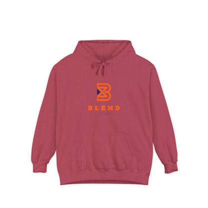 Blend Logo Hoodie — Minimal White Pullover with Orange & Navy Brand Mark