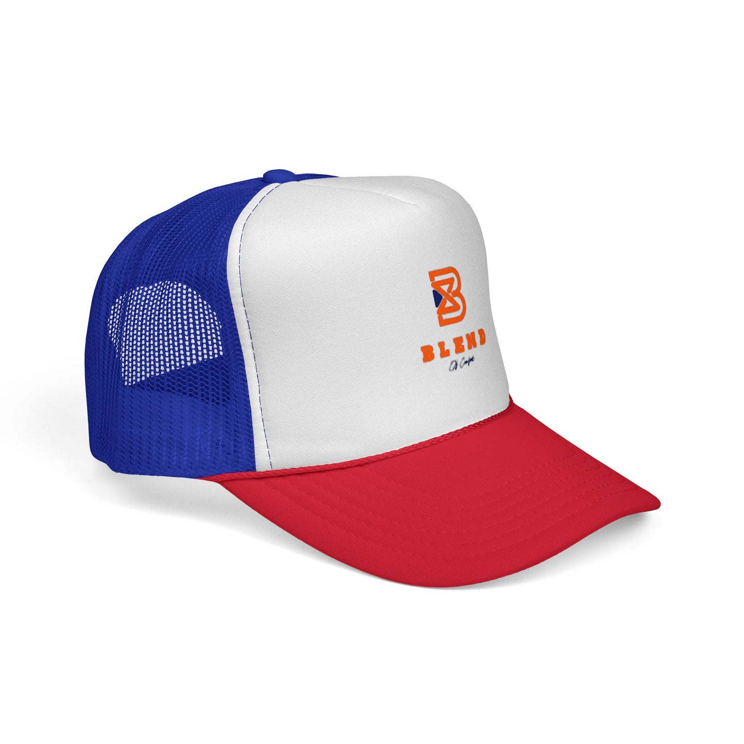 Patriotic Red-Blue Trucker Cap with 'Blend' Logo — Retro Mesh Snapback