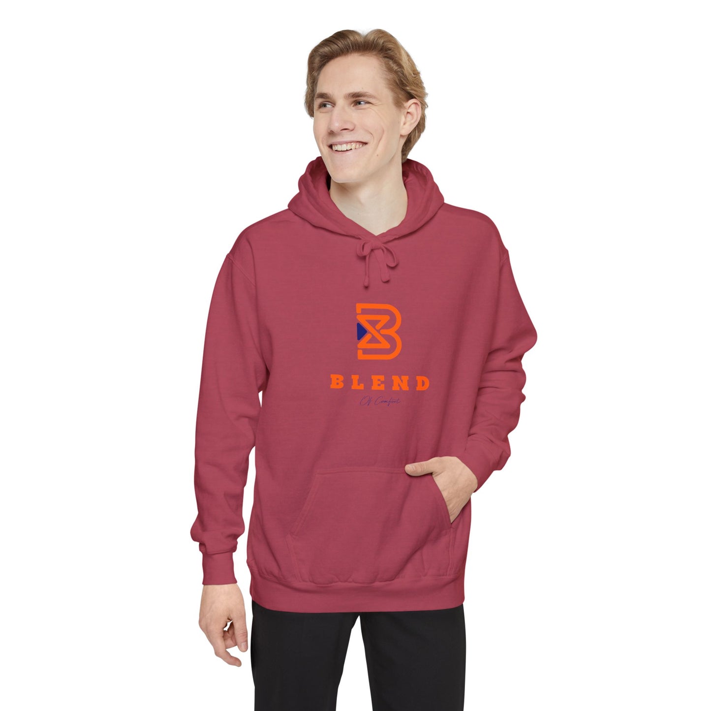 Blend Logo Hoodie — Minimal White Pullover with Orange & Navy Brand Mark