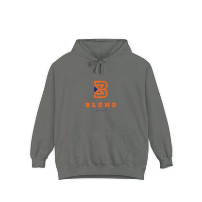 Blend Logo Hoodie — Minimal White Pullover with Orange & Navy Brand Mark