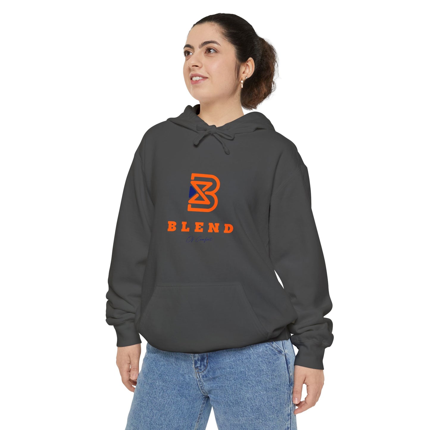 Blend Logo Hoodie — Minimal White Pullover with Orange & Navy Brand Mark