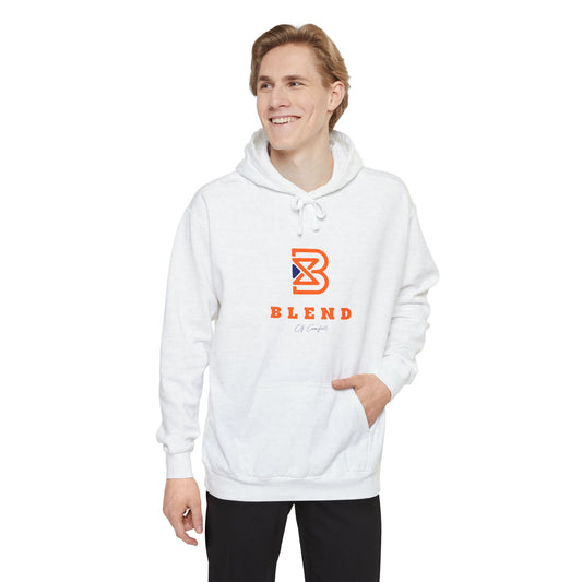 Blend Logo Hoodie — Minimal White Pullover with Orange & Navy Brand Mark