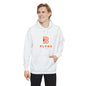 Blend Logo Hoodie — Minimal White Pullover with Orange & Navy Brand Mark