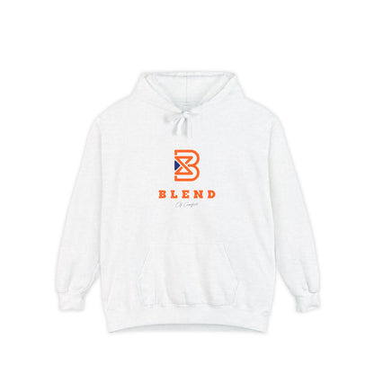 Blend Logo Hoodie — Minimal White Pullover with Orange & Navy Brand Mark