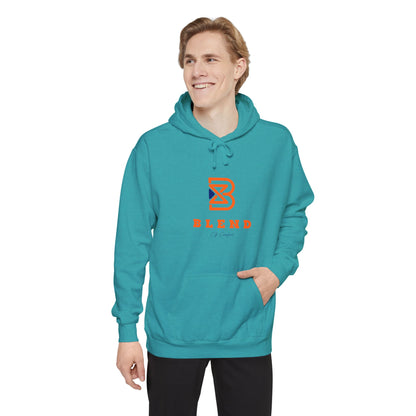 Blend Logo Hoodie — Minimal White Pullover with Orange & Navy Brand Mark