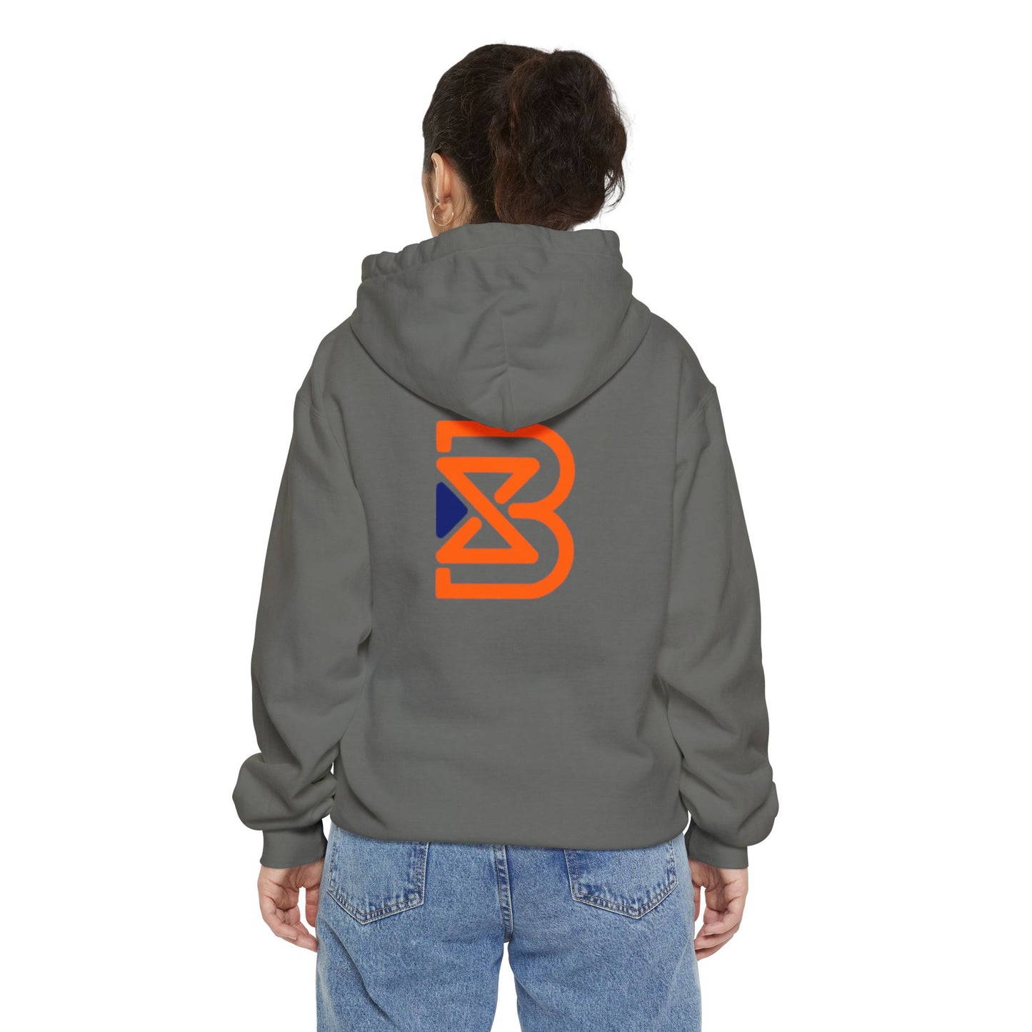 Blend Logo Hoodie — Minimal White Pullover with Orange & Navy Brand Mark