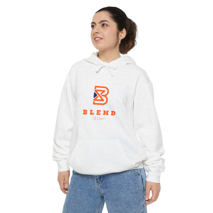 Blend Logo Hoodie — Minimal White Pullover with Orange & Navy Brand Mark
