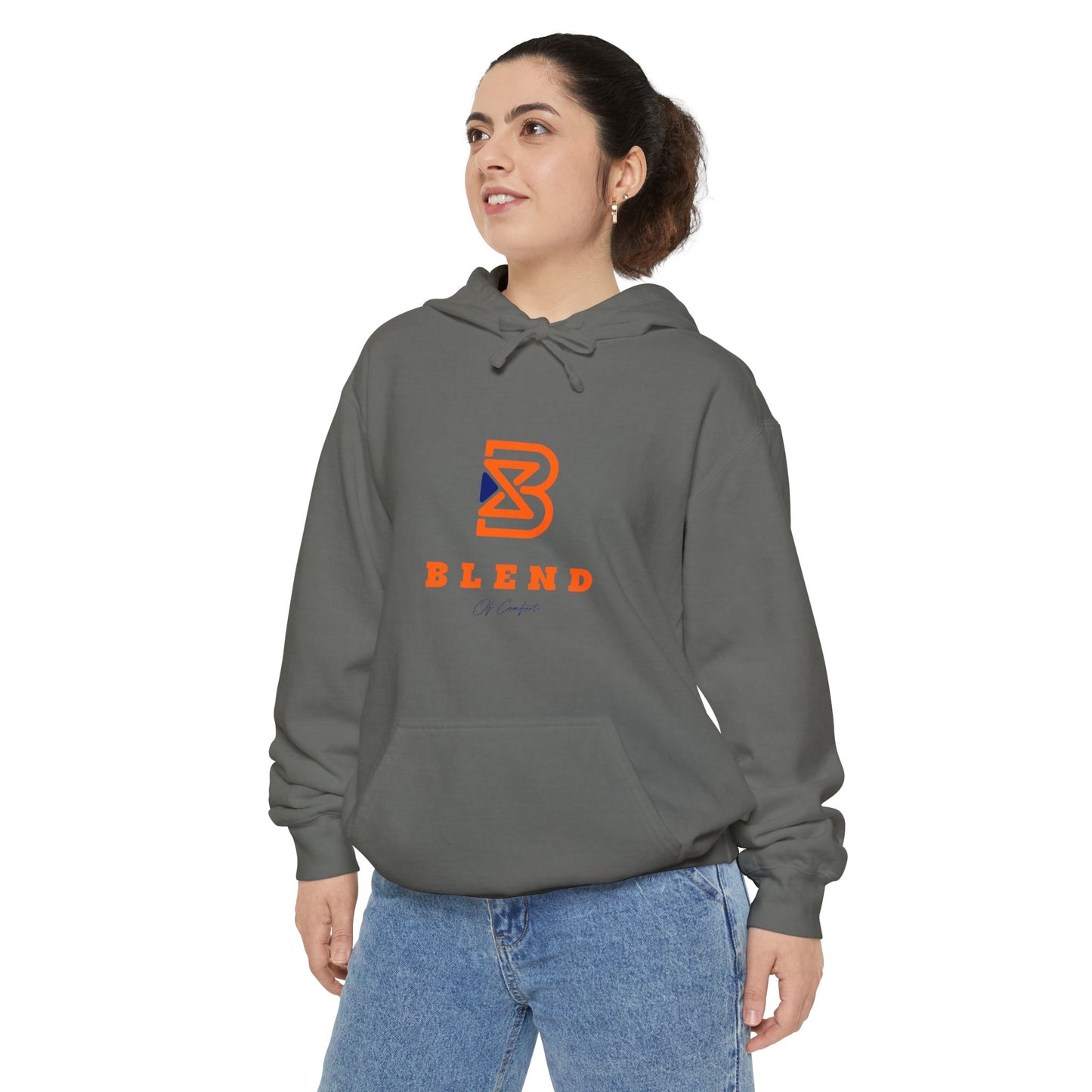 Blend Logo Hoodie — Minimal White Pullover with Orange & Navy Brand Mark
