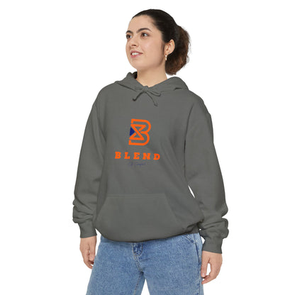 Blend Logo Hoodie — Minimal White Pullover with Orange & Navy Brand Mark