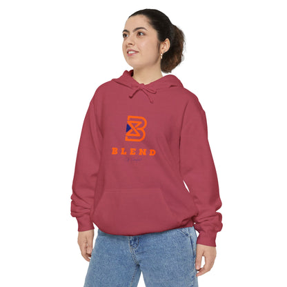 Blend Logo Hoodie — Minimal White Pullover with Orange & Navy Brand Mark